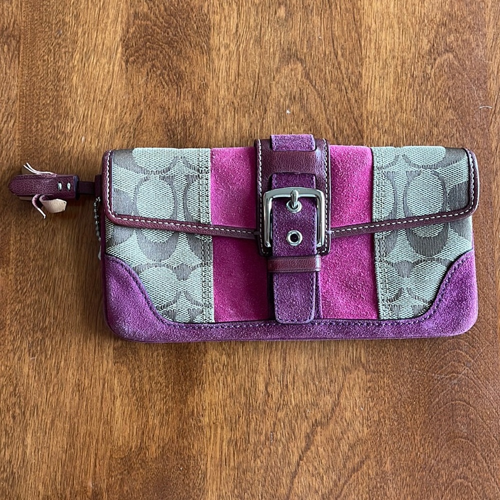 Coach Suede and Signature Canvas Wristlet in Pink and Tan